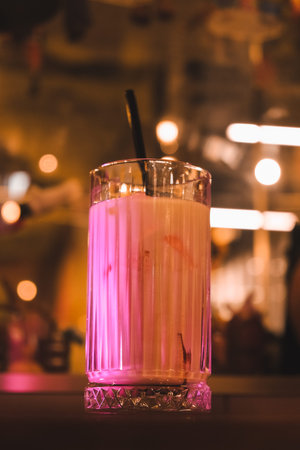 A glass of beverage on the tableの写真素材