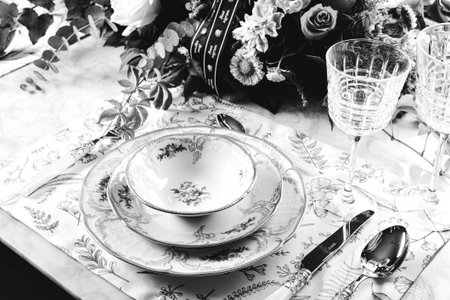 beautiful plate and fresh perfect colorful flowers standing on luxury table
