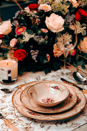 beautiful plate and fresh perfect colorful flowers standing on luxury tableの写真素材