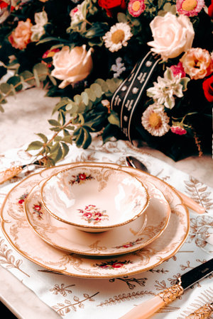 beautiful plate and fresh perfect colorful flowers standing on luxury tableの写真素材