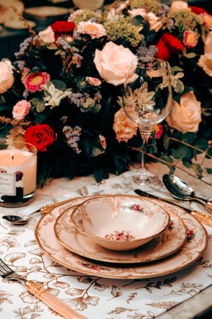 beautiful plate and fresh perfect colorful flowers standing on luxury tableの写真素材