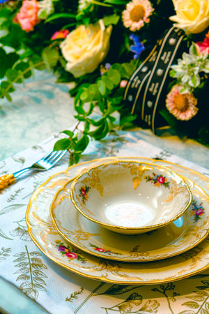 beautiful plate and fresh perfect colorful flowers standing on luxury tableの写真素材