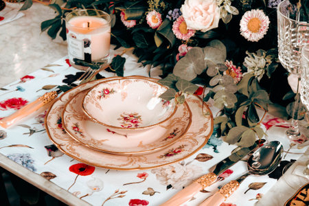beautiful plate and fresh perfect colorful flowers standing on luxury table