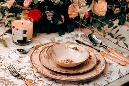 beautiful plate and fresh perfect colorful flowers standing on luxury table