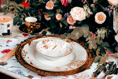 beautiful plate and fresh perfect colorful flowers standing on luxury table