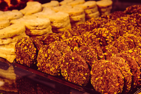 Group of associated cookies. Chocolate chip, oatmeal raisin, white chocolateの写真素材