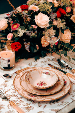 beautiful plate and fresh perfect colorful flowers standing on luxury tableの写真素材