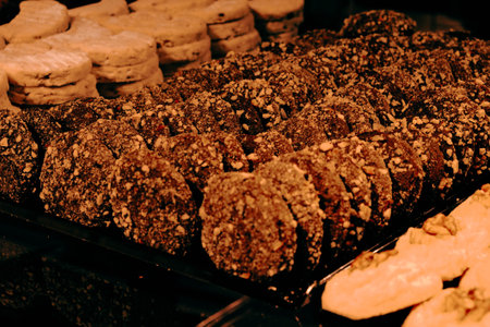Group of associated cookies. Chocolate chip, oatmeal raisin, white chocolateの写真素材