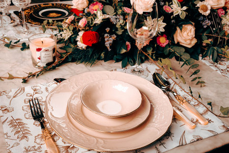 beautiful plate and fresh perfect colorful flowers standing on luxury table