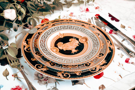 beautiful plate and fresh perfect colorful flowers standing on luxury table