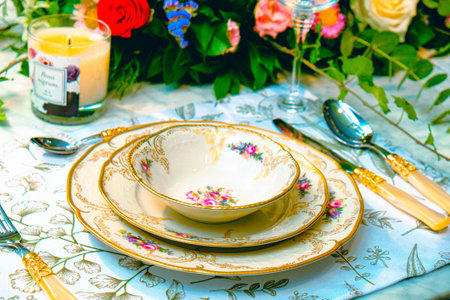beautiful plate and fresh perfect colorful flowers standing on luxury tableの写真素材