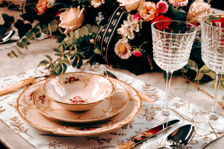 beautiful plate and fresh perfect colorful flowers standing on luxury table