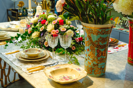 beautiful plate and fresh perfect colorful flowers standing on luxury tableの写真素材