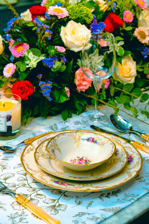 beautiful plate and fresh perfect colorful flowers standing on luxury tableの写真素材