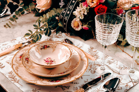 beautiful plate and fresh perfect colorful flowers standing on luxury tableの写真素材