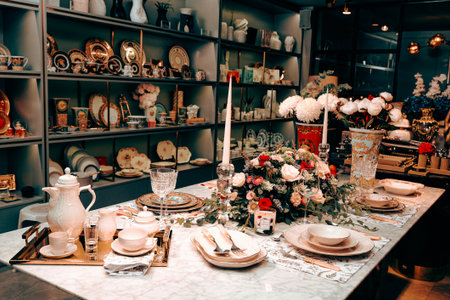 beautiful plate and fresh perfect colorful flowers standing on luxury tableの写真素材