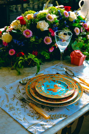 beautiful plate and fresh perfect colorful flowers standing on luxury tableの写真素材