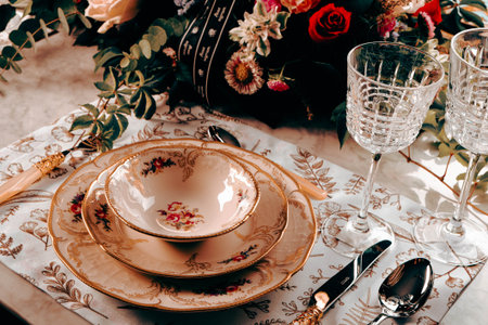 beautiful plate and fresh perfect colorful flowers standing on luxury tableの写真素材