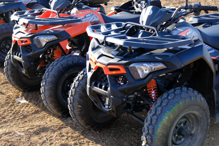 helmet sitting on atv quad bike in mountains