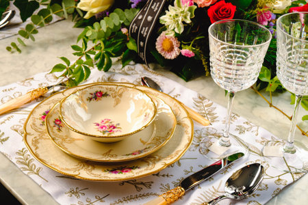 beautiful plate and fresh perfect colorful flowers standing on luxury table