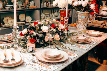 beautiful plate and fresh perfect colorful flowers standing on luxury tableの写真素材