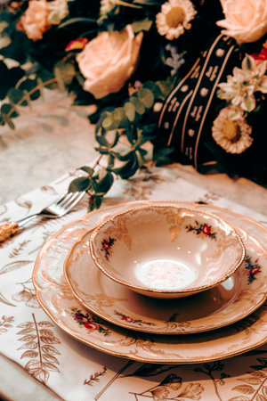 beautiful plate and fresh perfect colorful flowers standing on luxury tableの写真素材