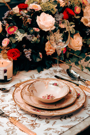 beautiful plate and fresh perfect colorful flowers standing on luxury table