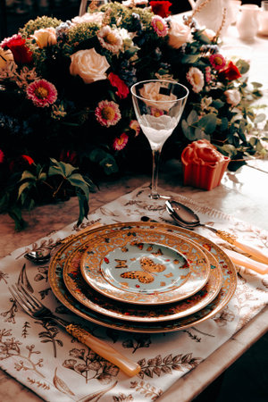 beautiful plate and fresh perfect colorful flowers standing on luxury table