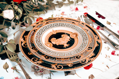 beautiful plate and fresh perfect colorful flowers standing on luxury table