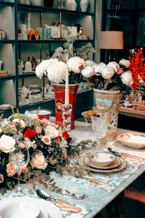 beautiful plate and fresh perfect colorful flowers standing on luxury table