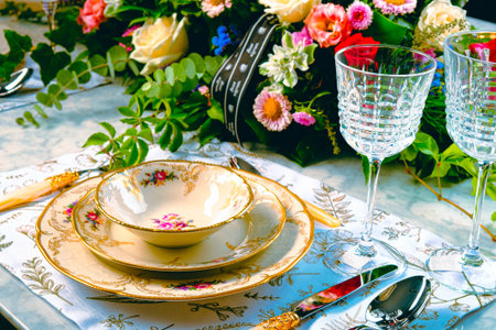 beautiful plate and fresh perfect colorful flowers standing on luxury table