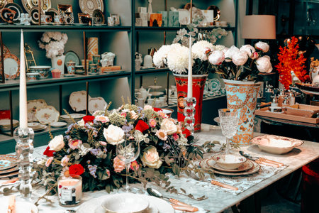 beautiful plate and fresh perfect colorful flowers standing on luxury tableの写真素材