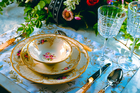 beautiful plate and fresh perfect colorful flowers standing on luxury tableの写真素材