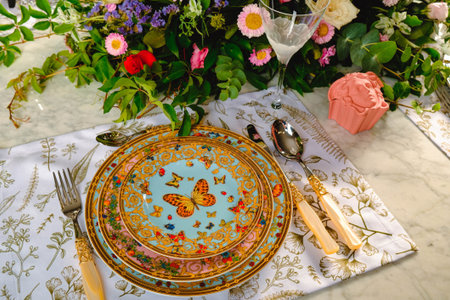beautiful plate and fresh perfect colorful flowers standing on luxury table