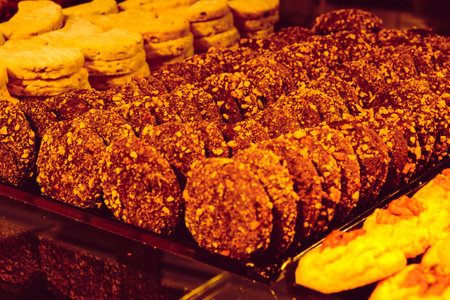 Group of associated cookies. Chocolate chip, oatmeal raisin, white chocolateの写真素材