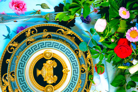 beautiful plate and fresh perfect colorful flowers standing on luxury tableの写真素材