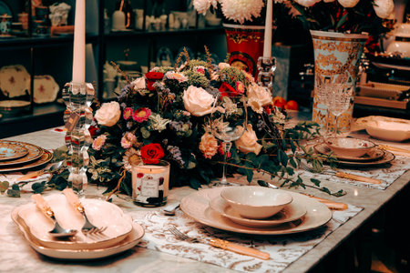 beautiful plate and fresh perfect colorful flowers standing on luxury tableの写真素材