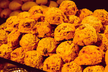 Group of associated cookies. Chocolate chip, oatmeal raisin, white chocolateの写真素材