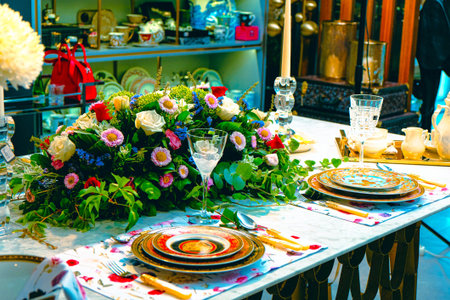 beautiful plate and fresh perfect colorful flowers standing on luxury table