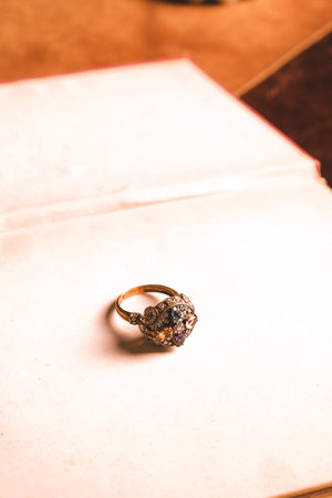 Beautiful golden jewelery with precious stones and diamondsの写真素材