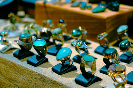 Beautiful golden jewelery with precious stones and diamondsの写真素材