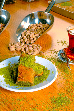 Golden brown baklava, crispy on the outside, sweet insideの写真素材