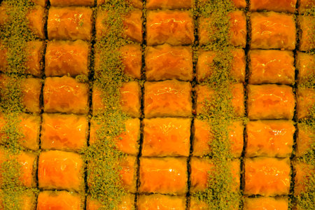 Golden brown baklava, crispy on the outside, sweet insideの写真素材