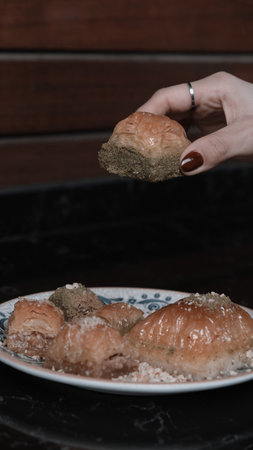 Baklava with Honey Drizzle and Crushed Nutsの写真素材