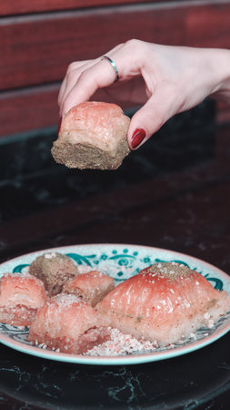 Golden brown baklava, crispy on the outside, sweet insideの写真素材