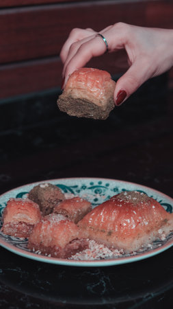 Baklava with Honey Drizzle and Crushed Nutsの写真素材