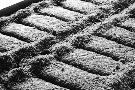 Golden brown baklava, crispy on the outside, sweet insideの写真素材