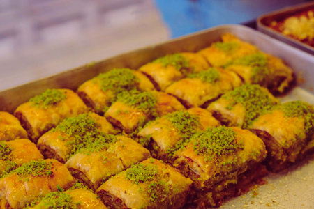 Baklava with Honey Drizzle and Crushed Nutsの写真素材
