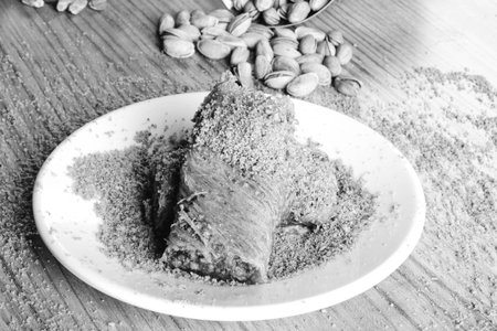 Golden brown baklava, crispy on the outside, sweet insideの写真素材