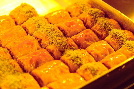 Golden brown baklava, crispy on the outside, sweet insideの写真素材